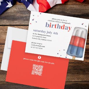 Cute Watercolor Red White Blue Popsicle QR Code Invitation
