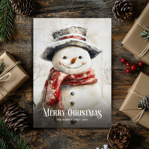 Cute Watercolor Red White Vintage Christmas Snowma Holiday Card