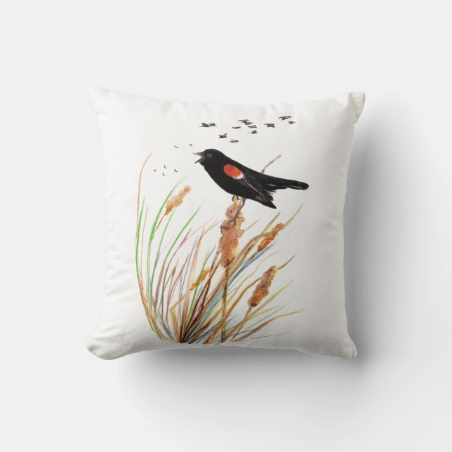 Cute Watercolor Red-Winged Blackbird Animal Nature Cushion (Front)
