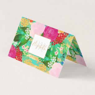 Cute Watercolor Red & Yellow Floral Biscay Green Business Card