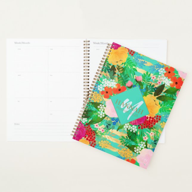 Cute Watercolor Red & Yellow Floral Biscay Green Planner (Display)