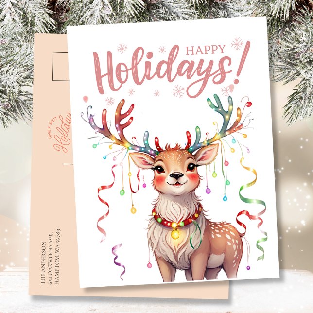 Cute Watercolor Reindeer and Christmas Lights Postcard (Creator Uploaded)