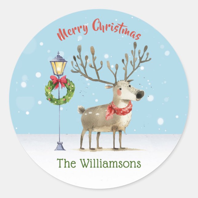 Cute Watercolor Reindeer Christmas Tree Card Classic Round Sticker (Front)