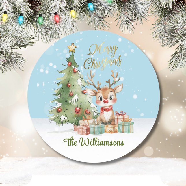 Cute Watercolor Reindeer Christmas Tree Card Classic Round Sticker (Creator Uploaded)