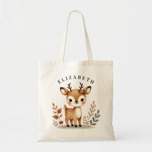 Cute Watercolor Reindeer Girl Custom Name Tote Bag