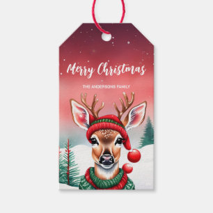 Cute watercolor reindeer Santa Christmas party kid Gift Tags