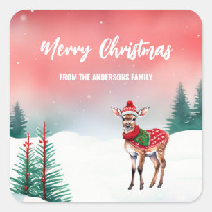 Cute watercolor reindeer Santa Christmas party kid Square Sticker