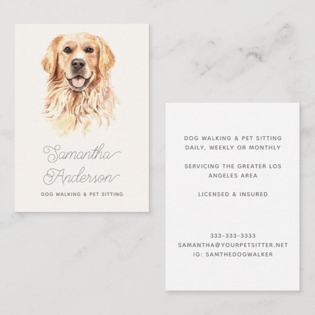 Cute Watercolor Retriever Pet Sitter Dog Walker Business Card (Front/Back)