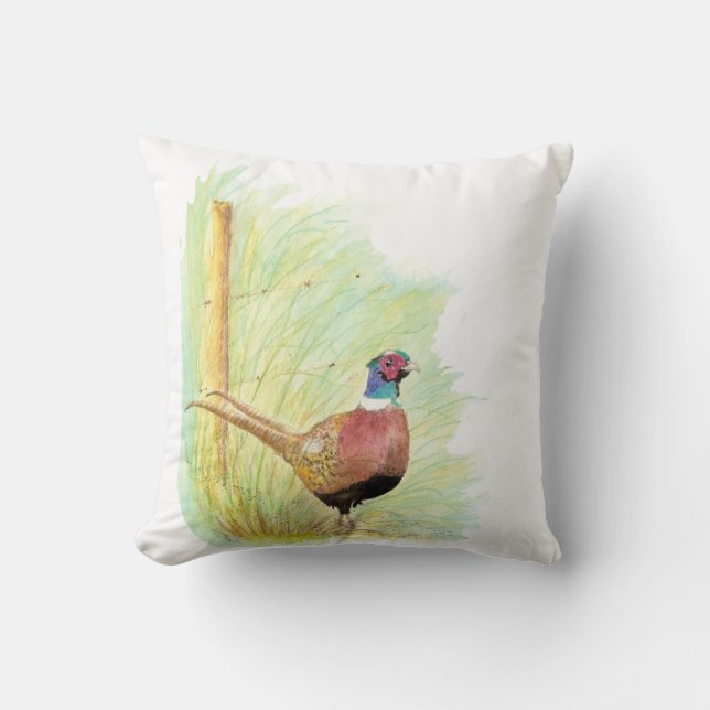 Cute Watercolor Ring-Necked Pheasant Bird Cushion (Front)