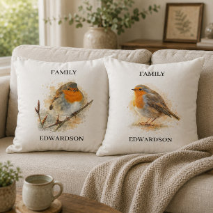 Cute watercolor robin bird monogrammed family cushion