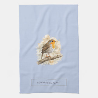Cute watercolor Robin bird personalised Tea Towel