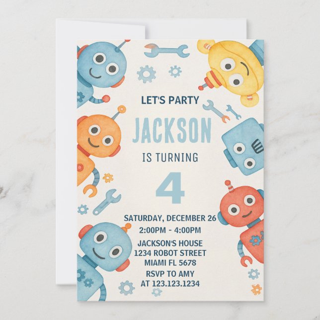 Cute Watercolor Robot Kids Birthday Invitation (Front)