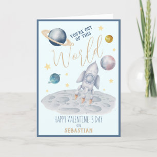 Cute Watercolor Rocket Space Valentines Day Folded Holiday Card