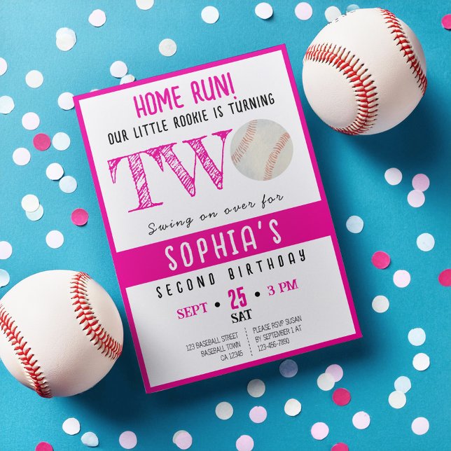 Cute Watercolor Rookie Baseball Girl 2nd Birthday Invitation (Creator Uploaded)