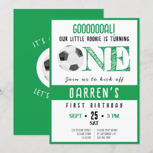 Cute Watercolor Rookie Soccer Green 1st Birthday Invitation