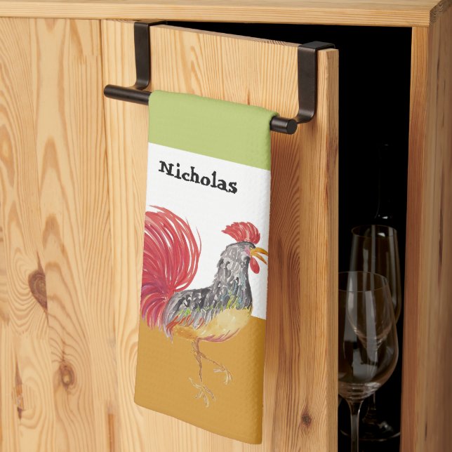 Cute Watercolor Rooster Personalised Tea Towel (Thirds Fold)