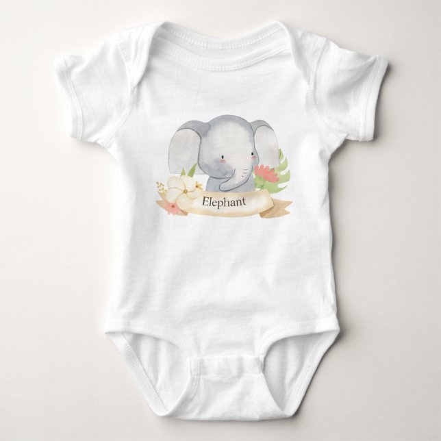 Cute Watercolor Safari Animal Baby Elephant Bodysuit (Front)