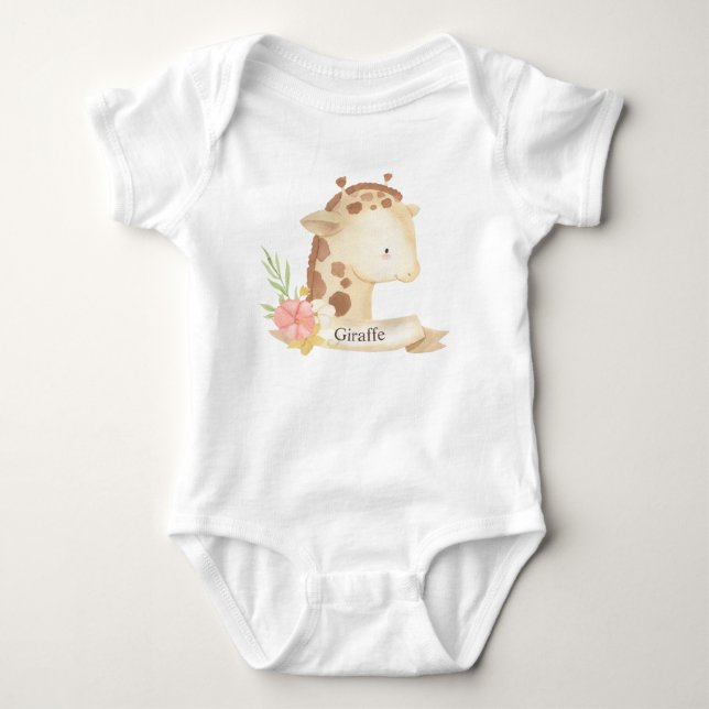 Cute Watercolor Safari Animal Baby Giraffe  Bodysuit (Front)
