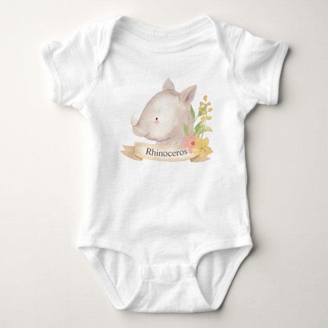 Cute Watercolor Safari Animal Baby Rhinoceros Bodysuit (Front)