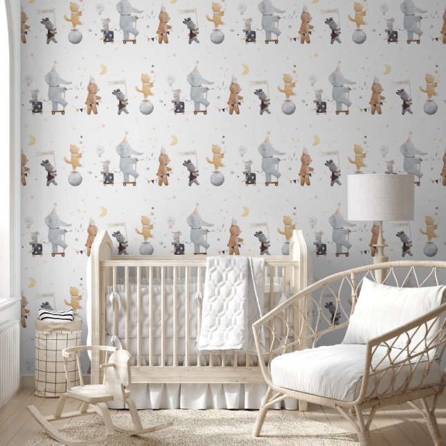 Cute Watercolor Safari Animal Circus White Nursery Wallpaper (Kids)