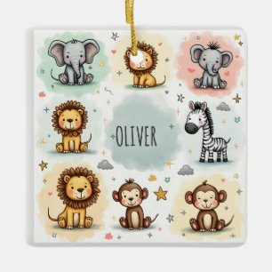 Cute Watercolor Safari Animal Doodles Ceramic Ornament