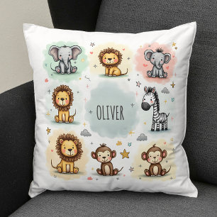 Cute Watercolor Safari Animal Doodles Cushion