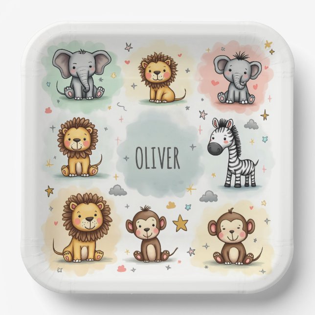 Cute Watercolor Safari Animal Doodles Paper Plate (Front)
