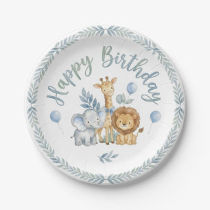 Cute Watercolor Safari Animals Baby Boy 1st Birth Paper Plate
