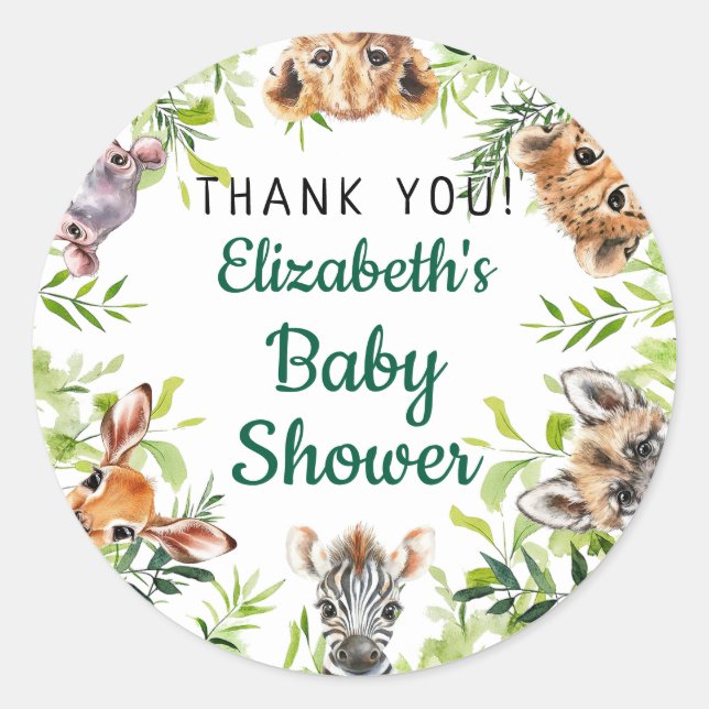 Cute Watercolor Safari Animals Baby Shower Classic Round Sticker (Front)