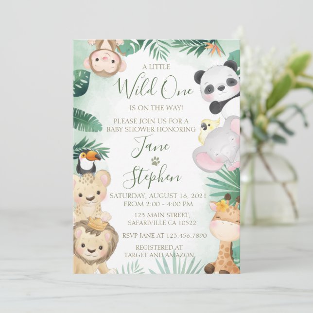 Cute Watercolor Safari Animals Baby Shower Invitation (Standing Front)