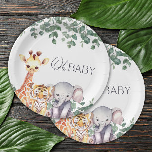 Cute Watercolor Safari Animals Baby Shower Paper Plate