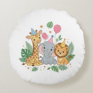 Cute Watercolor Safari Animals Birthday Party Kids Round Cushion
