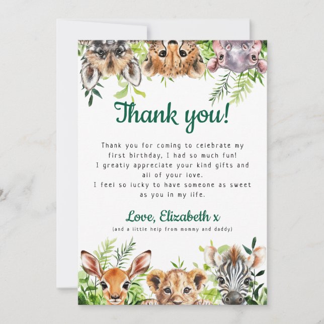 Cute Watercolor Safari Animals Birthday Party Thank You Card (Front)
