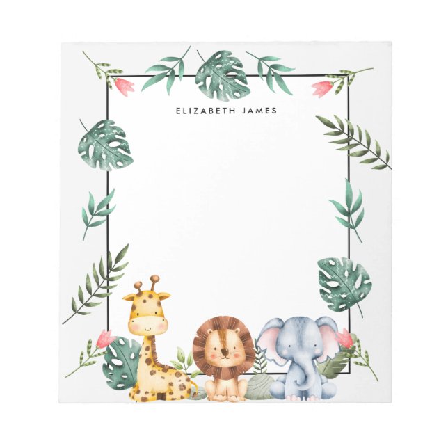 Cute Watercolor Safari Animals Personalised Notepad (Front)