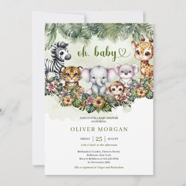 Cute watercolor Safari animals Tropical greenery Invitation (Front)