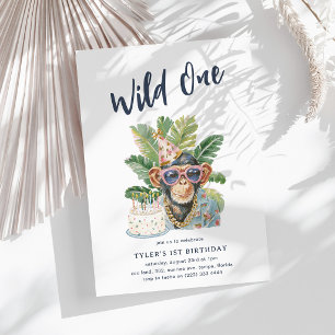 Cute Watercolor Safari Boy Wild One 1st Birthday Invitation
