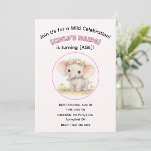 Cute Watercolor Safari Elephant Birthday Girl Invitation