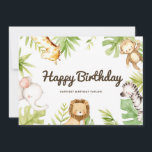 Cute Watercolor Safari Friends Tropical Birthday<br><div class="desc">Send your birthday wishes and message with this safari happy birthday flat card. It features cute watercolor illustrations of a baby giraffe,  monkey,  elephant,  lion and zebra with tropical leaves accent. Personalise by adding your own texts. This tropical birthday card will be perfect for summer and tropical theme birthdays.</div>