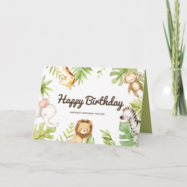 Cute Watercolor Safari Friends Tropical Birthday Card (Front)