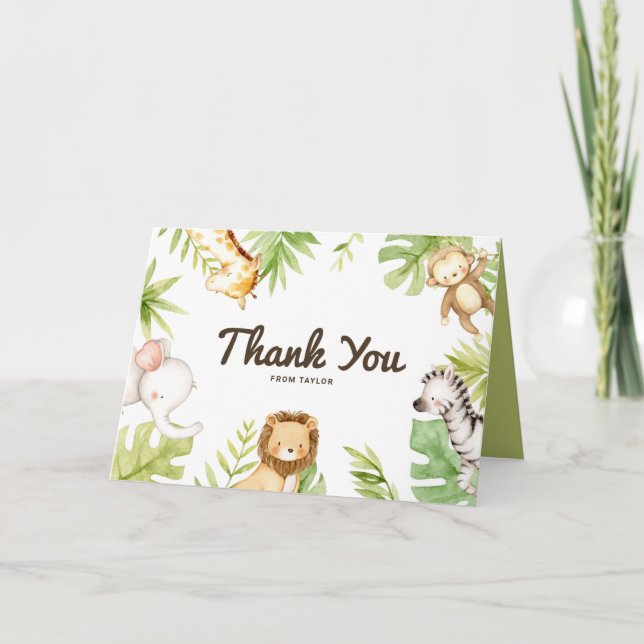Cute Watercolor Safari Friends Tropical Birthday Thank You Card (Front)
