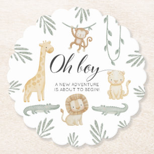 Cute Watercolor Safari Jungle Oh Boy Baby Shower Paper Coaster