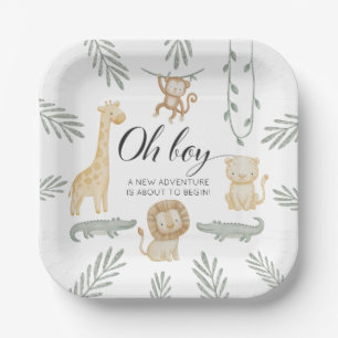 Cute Watercolor Safari Jungle Oh Boy Baby Shower Paper Plate