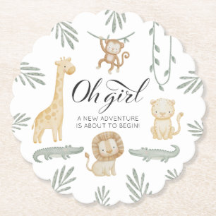 Cute Watercolor Safari Jungle Oh Girl Baby Shower Paper Coaster