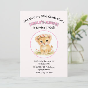 Cute Watercolor Safari Lion Birthday Girl Party Invitation