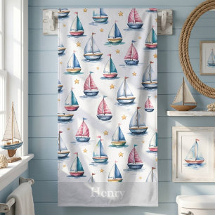 Cute Watercolor Sailboat & Name Kids Bath Towel
