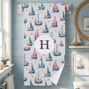 Cute Watercolor Sailboat & Name Kids Bath Towel