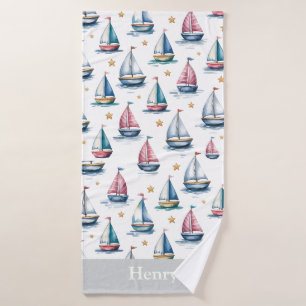 Cute Watercolor Sailboat & Name Kids Bath Towel