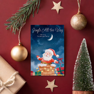 Cute Watercolor Santa and Moon Christmas  Holiday Card