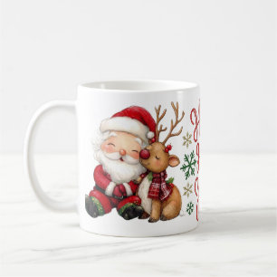 Cute Watercolor Santa Claus and Reindeer Christmas Coffee Mug