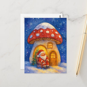 Cute Watercolor Santa Claus Mushroom House Holiday Postcard